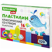  Пластилин 16 цв. классический Brauberg Kids, 320 г, со стеком, 106508 