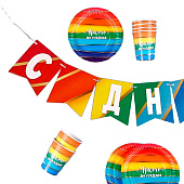 Набор бумажной посуды Радуга, 6 тарелок, 1 гирлянда, 6 стаканов, 9799797 Набор бумажной посуды Радуга, 6 тарелок, 1 гирлянда, 6 стаканов, 9799797